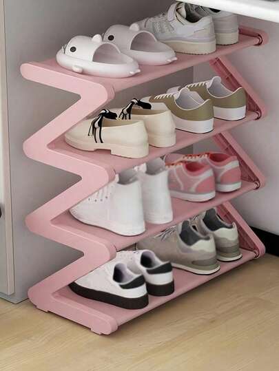 This 4-Tier Large Z-Shaped Shoe Rack Can Be Easily Assembled Without Tools. Made Of Pink Plastic Material, It Is A Stackable Storage Rack Suitable For Home, Dorm, And Living Room. Its Space-Saving Floor-Standing Design Makes It An Ideal Choice For Shoe Storage.