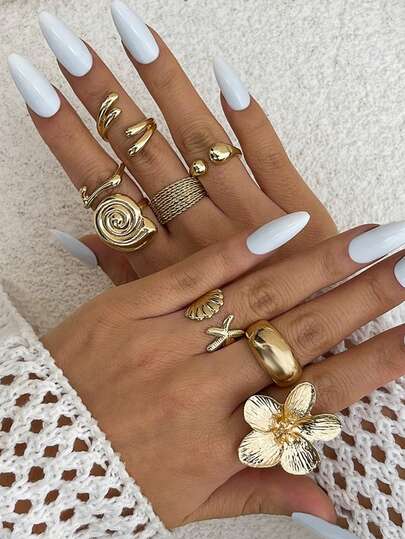 1 Set Gold Flower & Starfish Shaped Ring Set, Bohemian Style Elegant Jewelry, Suitable For Beach Party, Daily Wear (OPP Bag Packaging)