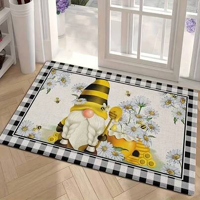 1pc Bee Gnome Daisy Print Doormat, Polyester Rectangle Carpet, Suitable For Living Room, Bedroom, Kitchen, Office - Spring Summer Celebration Home Decor, Easter And Labor Day Themed Doormat, Small Rug, Welcome Mat, Carpet, Floor Mat, Outdoor Doormat, Kitchen Rug, Home Decor, Front Door Mat, Area Small Rug, Outdoor Mat, Home Decoration, Area Rug, Garden Carpet, Washable Carpet Plush Carpet, Thick Carpet, Thick Rug, Furry Carpet, Autumn Winter Carpet