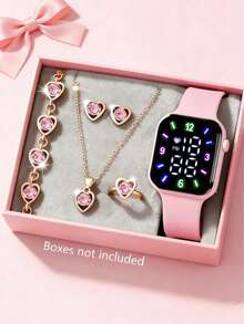 6/1pc Fashionable Elegant Cute And Classic Numeric Display Minimalist Pattern Electronic Watch, Suitable For Teenagers. Includes A Set Of Crystal Heart-Shaped Jewelry Including Bracelet, Necklace, Earrings And Ring, Designed For Students. Suitable For Daily Wear By Students, Such As Back To School, Parties Or Travel, Also Makes A Great Gift For Friends, Birthday, Graduation, Holiday, Thanksgiving, Or Gift For Mom, New Year 2026 - Multicolor - View 5