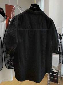 女士简约花卉图案前开襟衬衫，夏季黑色 - 黑色 - 查看 4