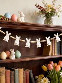 1pc White Easter Bunny Garland, Beaded Rabbit Bunting, Spring Farmhouse Home Decor, Rustic Easter Wall Hanging Banner, Festive Holiday Mantel Decor, Lightweight Farmhouse Party Garland, Living Room Fireplace Doorway Decor, Bohemian Rustic Easter Decor, Seasonal Spring Event Garland, Neutral Tone Rabbit Beaded Banner - Multicolor - View 4