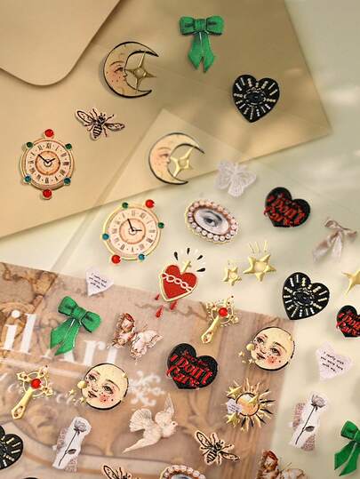 Vintage Gold Foil Stickers Set, Heart & Star Journal Decor, DIY Decals For Stationery & Office Scrapbook Supplies Funny Stickers Scrapbooking Supplies Kindle