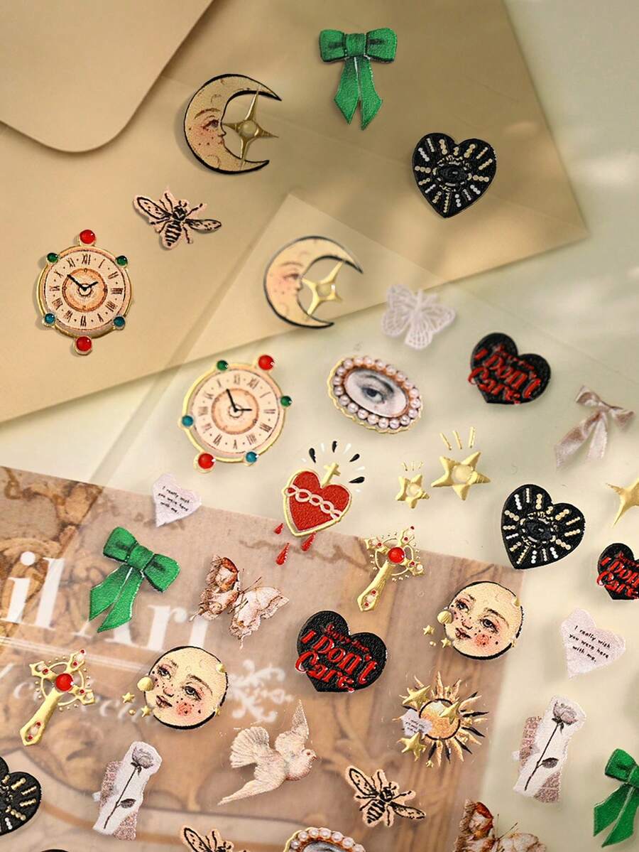 Vintage Gold Foil Sticker Set, Heart & Star Decor Stickers For Stationery, Notebook DIY - Multicolor - View 1