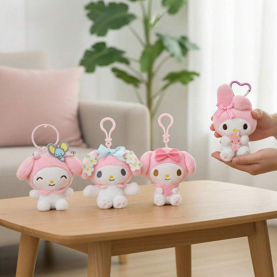 SANRIO 毛绒钥匙扣包挂饰 – 爱心系列、花卉系列、好朋友系列和铃铛系列 – 官方授权可爱卡哇伊毛绒动物挂件，适用于钱包、背包和手提包 – 柔软可收藏的毛绒饰品，高度10-11厘米（约3.9-4.3英寸） - 彩色 - 查看 1