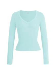 Vaiaye 女士性感修身针织长袖上衣，纯色V领T恤，适合情人节及春季休闲穿着 - 薄荷綠 - 查看 3