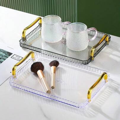 1pc High-Quality Plastic Tray, Suitable For Living Room, Dining Room, Party, Luxurious Style For Cakes, Snacks, Beverages, Cosmetics, Jewelry, Elegant Handle Tray