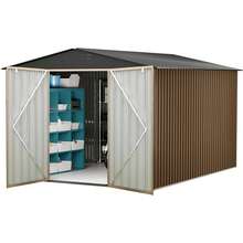 Cobertizo de almacenamiento metálico para exteriores, gran cobertizo de jardín de 2,4 x 2,4 m con puertas con cerradura, impermeable y resistente al óxido, con estructura robusta para patio, jardín y organización de herramientas de jardín. - Marrón - Ver 9