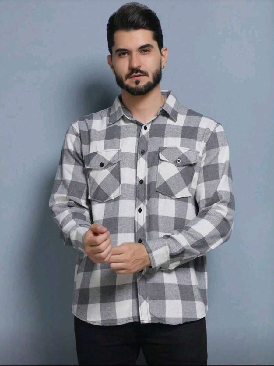 Men's Long-Sleeved Plaid Flannel Dress Shirt, Regular Fit, Buttons Down The Front, With Pocket. - 淺灰色 - 查看 1