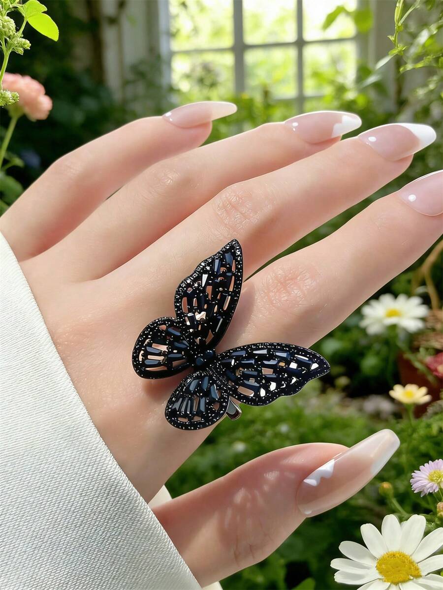 1pc Silver Multi-Color Copper Plated Gold Butterfly Shape Ring With Cubic Zirconia, Suitable For Everyday Wear - Black - View 1