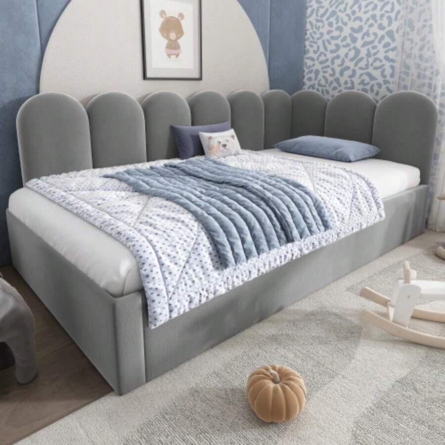 Upholstered Daybed 90x200cm, Daybed Sofa Bed/Children's Bed With Pull-Out Bed 90x190cm And Slatted Frame, Velvet, Grey, Without Mattress - Grey - View 1