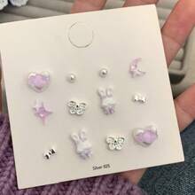 蓝色和粉色海洋系列耳环套装，几何兔子造型，蝴蝶结设计，可爱时尚耳环 - 彩色 - 查看 3