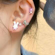 蓝色和粉色海洋系列耳环套装，几何兔子造型，蝴蝶结设计，可爱时尚耳环 - 彩色 - 查看 4