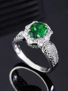1pc S925 Silver Elegant Green Synthetic Cubic Zirconia Ring, July Birthstone, Fashionable Jewelry, Lab-Grown Emerald Ring, Suitable For Men And Women, Great For Wedding, Party, Formal Occasions, Holidays, Valentine's Day, Proposal, Engagement, Wedding Gift, Anniversary Gift, And Birthday Gift. - 銀色 - 查看 6