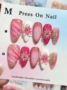 10pcs Peach Pink Embossed Almond Shaped Tie Dye Handmade Fake Nails - Hot Pink - View 3