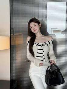 甜美女孩条纹撞色露肩长袖毛衣，女士早春服装 - 杏色 - 查看 7