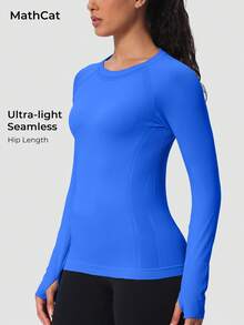 MathCat Seamless Workout Shirts For Women Long Sleeve Yoga Tops Sports Running Shirt Breathable Athletic Top Slim Fit - Hồ Xanh - Xem 2