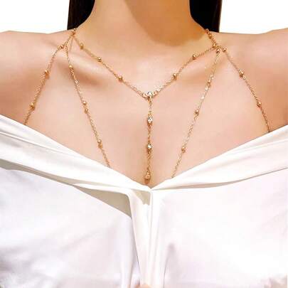 1件装14K镀金女士身体链，性感多层肚脐腰链交叉比基尼胸罩链，夏季沙滩水钻身体饰品