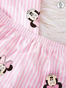 Disney 少女米妮条纹卡通印花两件套，可爱休闲配套弹力腰短袖上衣和短裤睡衣套装，丝滑柔软透气面料，适合所有季节。 - 粉色 - 查看 7
