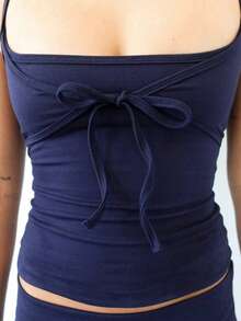 Top de tirantes finos para mujer con lazo delantero, corte ajustado, sin mangas, para llevar a diario, ideal para salir y combinar con otras prendas. - Azul marino - Ver 3