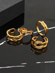 4件套时尚优雅不锈钢女士开口几何爱心水钻首饰套装，适合日常佩戴、节日、约会、订婚、婚礼等场合。 - 金色 - 查看 2