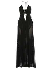 Vacation Sexy Style Mesh Chain Patchwork Hollow Out Backless Halter Neck Evening Dress Wedding - Black - View 8