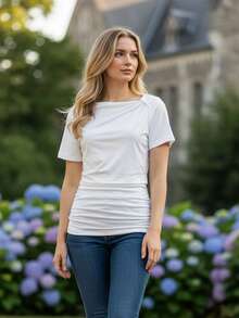 Women's Slash Neck Tops Summer Short Sleeve Solid Color  Slim Fit Ruched T-Shirt - Blanco - Ver 2