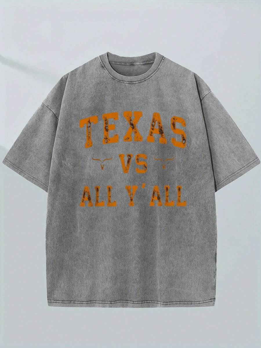 Vintage Texas And Longhorn Print Men's Washed And Distressed Print Round Neck Short Sleeve Casual T-Shirt,Vintage Washed Pure Cotton T-Shirt For Men Women(Game Day & Valentine's Day) - 灰色 2 - 查看 1