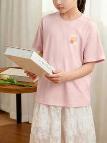 2pcs/Set Tween Girls Casual Printed Round Neck Short Sleeve T-Shirt, Summer Tops - Multicolor - View 3