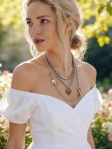 Layered Multi-Chain Heart Lock Safety Pin Necklace | Gold/Silver Tone Valentine's Day Beach Vacation Edgy Fashion Accessory - Heart Lock - View 6