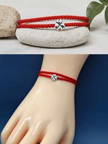 1pc Adjustable Handmade Red Four-Leaf Clover Bracelet, Unisex Lucky Rope Jewelry Accessory, Minimalist Design - Red - View 7