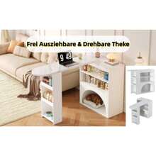 Modern Retractable Counter And Dining Table, Small High Swivel Counter Table – With Pet Space, Without Pet Plate And Mat, White Marble Top, 120 (+ 80) * 40 * 100 Cm - White - View 9