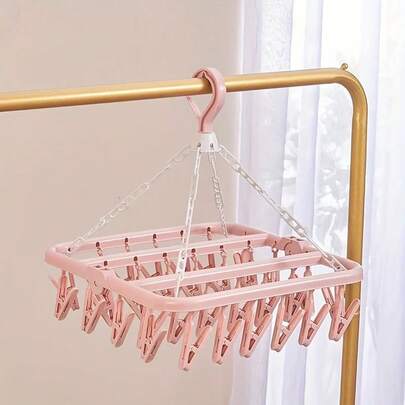 1pc Rotatable & Foldable 32-Clip Plastic Drying Rack, Space-Saving, Suitable For Drying Socks, Underwear And Other Small Clothing Items, Can Be Used In Bedroom, Bathroom, Wardrobe, Dorm, Etc., Laundry Drying Accessory. [3 Colors Available]