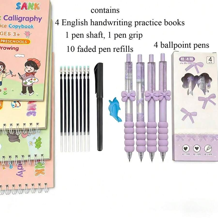 4pcs Calligraphy Practice Notebook Set With 4pcs Purple Bow Stress Relief Pens, Stationery Gift Set For Kids Handwriting Practice - Multicolor - View 1