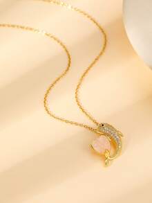 Teenage Pink Crystal Sweet Element Necklace, Moon Butterfly Ginkgo Pendant, Gold Semi-Precious Stone Delicate Choker Necklace, Daily Sweet Style Accessory - Gold - View 5