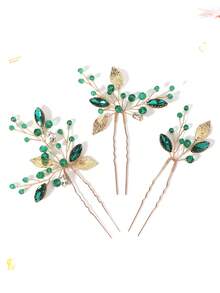 3/6 件装森林风格绿色宝石金属树叶发叉，复古优雅手工编织头饰，女士款 - 彩色 - 查看 7