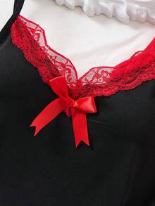 2件套女士情人节蕾丝边蝴蝶结装饰侧开衩下摆吊带睡裙 - 彩色 - 查看 3