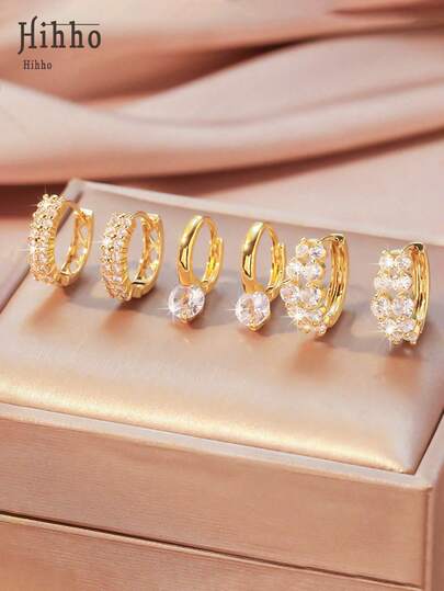 6件套立方氧化锆耳环套装，优雅设计，适合女性日常、工作、节日装饰和馈赠。