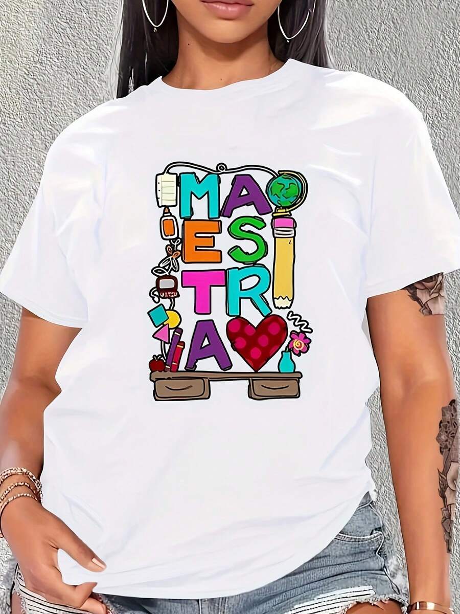Graphic Print T-Shirt, Casual Crew Neck Short Sleeve Top For Spring & Summer, Women's Clothing - White - View 1