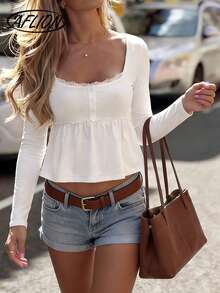 Aflion Áo thun ngắn tay nữ mùa xuân/hè phối ren, bèo nhún, kiểu dáng tối giản, màu trắng cơ bản, thích hợp cho các buổi đi chơi, hẹn hò, mua sắm, lễ hội và tiệc tùng. - trắng - Xem 3