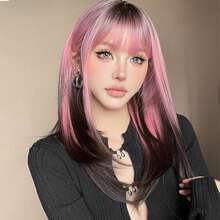 [Popular Choice] 20-Inch Long Straight Pink Gradient Black Wig With Bangs, Synthetic Women's Hair For Daily Use, Parties, Cosplay, Music Festivals, Halloween, And Christmas - Ombre - View 2