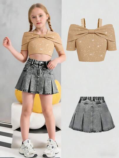 少女春夏户外甜美聚会礼物针织衫银箔烫印修身短款短袖吊带牛仔布水洗宽松短裙无腰带