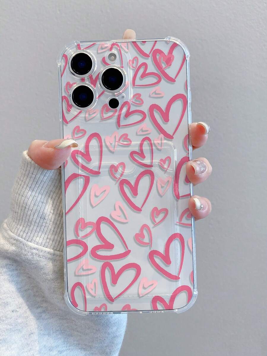 1pc Heart Pattern, Card Slot Transparent Shockproof Phone Case, TPU Material Can Be Given As Holiday Gift, Holds Photos, Cards, Suitable For IPhone XS/XS Max/XR/11 12 13 14 15 16 Pro/Pro Max/14 15 16 Plus/17 - Clear - View 1