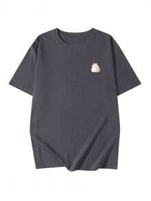 女士宽松圆领短袖字母卡通猫印花T恤，春夏休闲款 - 深灰色 - 查看 5