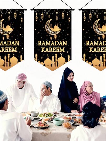 1pc Ramadan Home Decor Gold Moon Star Mosque Hanging Sign Polyester Banner Eid Mubarak Party Favors Islamic Festival Indoor Outdoor Decoration
