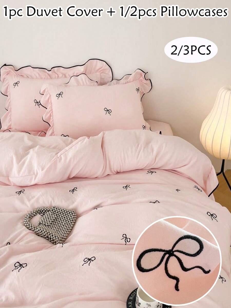 2/3件套粉色蝴蝶结刺绣荷叶边被套套装，复古可爱女孩床上用品套装，柔软透气，可机洗，四季皆宜，拉链封口，女孩礼物，卧室装饰（1个被套+1/2个枕套，不含被芯）