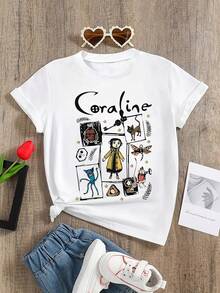 Girls' Casual Cartoon Print Round Neck Short Sleeve T-Shirt, Summer - White - View 1