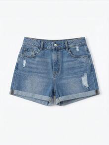 Women's Summer Fashionable Casual Slim Fit Plus Size Denim Shorts, Medium Stretch, With Distressed Ripped Hem Design, Suitable For Daily Wear - Blue - View 10