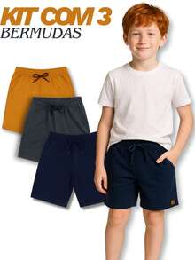 Kit Of 3 Boys' Fleece Shorts With 2 Pockets (SMALL SIZING) - xanh hải quân/xám/caramel - Xem 4