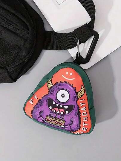 1pc Lightweight Polyester Monster Themed Mini Wallet For Boy | Whimsical Purple & Orange Design, Zipper Closure, Perfect Gift For Casual Outings